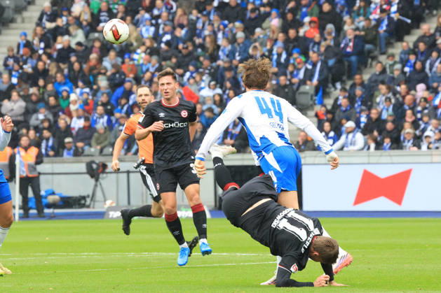 October 24, 2026, Germany, Soccer, 2. Bundesliga, Matchday 9, 2026–2027 Season, Berlin Olympic Stadium, Hertha BSC vs. Arminia Bielefeld Linus Jasper Gechter Hertha BSC Berlin 44, JOEL GRODOWSKI Arminia Bielefeld 11 2. Bundesliga DFB DFL regulations prohibit any use of photographs as image sequences and or quasi-video nordphoto GmbH Engler Berlin Berlin Olympic Stadium Berlin Germany Copyright: xNordphotox xEnglerx