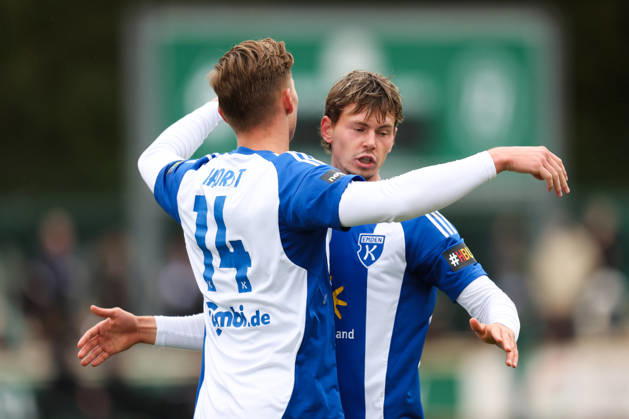 October 24, 2026, Soccer, Men s, Regionalliga Nord, Matchday 15, SV Werder Bremen II vs. BSV Kickers Emden, Celebration of the 0–1 goal by Luc Ihorst (No. 14), BSV Kickers Emden with Nick Stepantsev (No. 39), BSV Kickers Emden