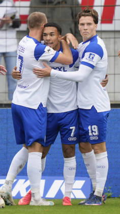 October 24, 2026, Hänsch Arena, Meppen, GER, 3rd Division, Matchday 11: SV Meppen vs. Würzburger Kickers, Jannic Ehlers (SV Meppen 17) hugs Oliver Schmitt (SV Meppen 7), the scorer of the 1–0 goal. DFL REGULATIONS PROHIBIT ANY USE OF PHOTOGRAPHS AS IMAGE SEQUENCES AND OR QUASI-VIDEO. Meppen, Lower Saxony, Hänsch Arena