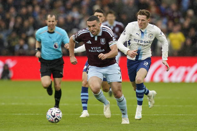 Birmingham, England, 24th October 2026. John McGinn of Aston Villa breaks away from Elliot Anderson of Manchester City during the Aston Villa vs Manchester City Premier League match at Villa Park, Birmingham. Picture credit should read: Andrew Yates Sportimage EDITORIAL USE ONLY. No use with unauthorised audio, video, data, fixture lists, club league logos or live services. Online in-match use limited to 120 images, no video emulation. No use in betting, games or single club league player publications. SPI_042_AY_Villa_Man_City SPI-5099-0042