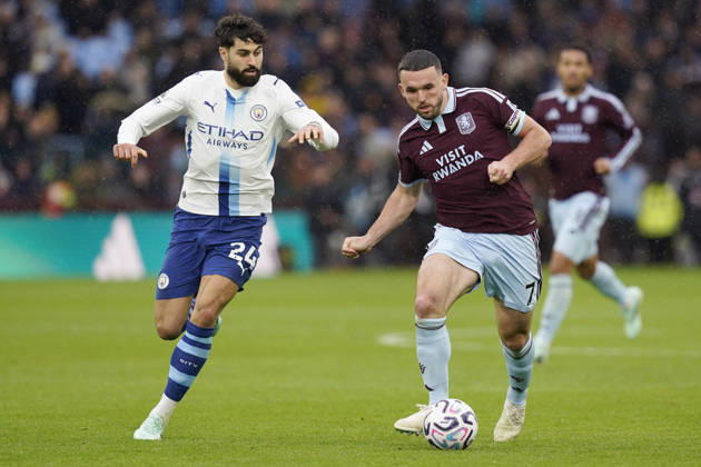 Birmingham, England, 24th October 2026. Josko Gvardiol of Manchester City and John McGinn of Aston Villa challenge for the ball during the Aston Villa vs Manchester City Premier League match at Villa Park, Birmingham. Picture credit should read: Andrew Yates Sportimage EDITORIAL USE ONLY. No use with unauthorised audio, video, data, fixture lists, club league logos or live services. Online in-match use limited to 120 images, no video emulation. No use in betting, games or single club league player publications. SPI_043_AY_Villa_Man_City SPI-5099-0043