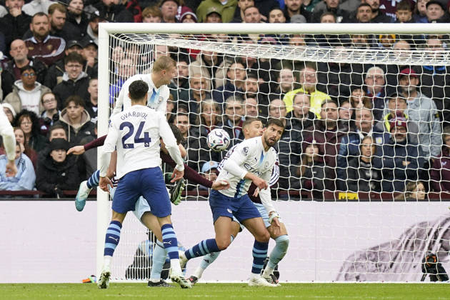Birmingham, England, 24th October 2026. Erling Haaland of Manchester City scores to make it 1-1 during the Aston Villa vs Manchester City Premier League match at Villa Park, Birmingham. Picture credit should read: Andrew Yates Sportimage EDITORIAL USE ONLY. No use with unauthorised audio, video, data, fixture lists, club league logos or live services. Online in-match use limited to 120 images, no video emulation. No use in betting, games or single club league player publications. SPI_046_AY_Villa_Man_City SPI-5099-0046