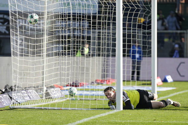 October 24, 2026, Hänsch Arena, Meppen, GER, 3rd Division, Matchday 11: SV Meppen vs. Würzburger Kickers, 2–0 for Meppen, Goalkeeper Marko Rajkovacic of Würzburger Kickers, No. 33, on the ground. DFL REGULATIONS PROHIBIT ANY USE OF PHOTOGRAPHS AS IMAGE SEQUENCES AND OR QUASI-VIDEO. Meppen, Lower Saxony, Hänsch Arena