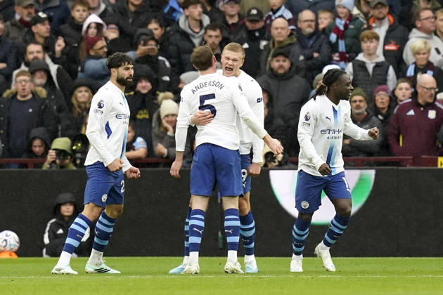 Birmingham, England, 24th October 2026. Erling Haaland of Manchester City celebrates after scoring to make it 1-1 during the Aston Villa vs Manchester City Premier League match at Villa Park, Birmingham. Picture credit should read: Andrew Yates Sportimage EDITORIAL USE ONLY. No use with unauthorised audio, video, data, fixture lists, club league logos or live services. Online in-match use limited to 120 images, no video emulation. No use in betting, games or single club league player publications. SPI_047_AY_Villa_Man_City SPI-5099-0047