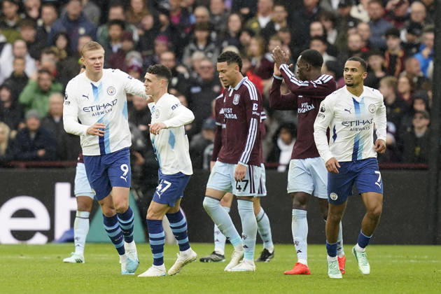 Birmingham, England, 24th October 2026. Erling Haaland (L) of Manchester City celebrates with Phil Foden of Manchester City after scoring to make it 1-1 during the Aston Villa vs Manchester City Premier League match at Villa Park, Birmingham. Picture credit should read: Andrew Yates Sportimage EDITORIAL USE ONLY. No use with unauthorised audio, video, data, fixture lists, club league logos or live services. Online in-match use limited to 120 images, no video emulation. No use in betting, games or single club league player publications. SPI_049_AY_Villa_Man_City SPI-5099-0049