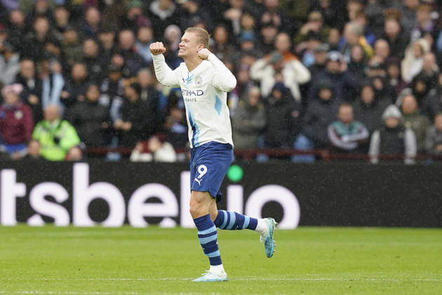 Birmingham, England, 24th October 2026. Erling Haaland of Manchester City celebrates after scoring to make it 1-1 during the Aston Villa vs Manchester City Premier League match at Villa Park, Birmingham. Picture credit should read: Andrew Yates Sportimage EDITORIAL USE ONLY. No use with unauthorised audio, video, data, fixture lists, club league logos or live services. Online in-match use limited to 120 images, no video emulation. No use in betting, games or single club league player publications. SPI_050_AY_Villa_Man_City SPI-5099-0050