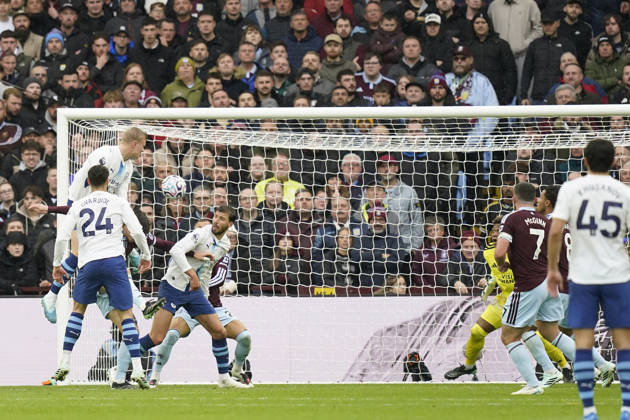 Birmingham, England, 24th October 2026. Erling Haaland of Manchester City scores to make it 1-1 during the Aston Villa vs Manchester City Premier League match at Villa Park, Birmingham. Picture credit should read: Andrew Yates Sportimage EDITORIAL USE ONLY. No use with unauthorised audio, video, data, fixture lists, club league logos or live services. Online in-match use limited to 120 images, no video emulation. No use in betting, games or single club league player publications. SPI_051_AY_Villa_Man_City SPI-5099-0051