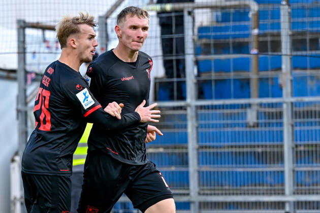 From left: Andy Breuer (Unterhaching), 26, and Cornelius Pfeiffer (Unterhaching), 22, who scored the 1-1 goal, celebrating, celebration, goal celebration, goal scored, celebrating the goal, goal, celebration, celebrating the goal, optimistic, action, October 24, 2026, Unterhaching, Germany, soccer, Bavarian Regional League, SpVgg Unterhaching vs. SpVgg Ansbach xslx