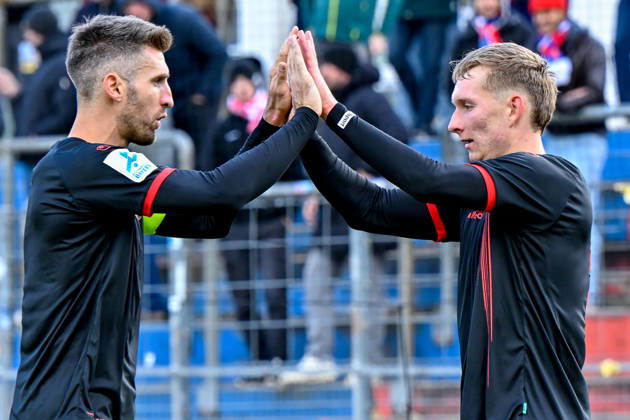 From left: Alexander Winkler (Unterhaching, 4) and goal scorer Cornelius Pfeiffer (Unterhaching, 22) celebrating the goal, cheering, goal celebration, goal, celebrate the goal, goal, celebration, celebrating the goal that tied the score at 1–1, optimistic, action, October 24, 2026, Unterhaching, Germany, soccer, Bavarian Regional League, SpVgg Unterhaching vs. SpVgg Ansbach xslx