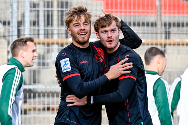 From left: Luis Pfluger (Unterhaching), 13, who provided the assist, and goal scorer Jeroen Krupa (Unterhaching), 9, celebrating the goal, celebration, goal celebration, goal scored, celebrate the goal, goal, celebration, Celebrating the 2–1 goal, optimistic, action, October 24, 2026, Unterhaching, Germany, soccer, Bavarian Regional League, SpVgg Unterhaching vs. SpVgg Ansbach xslx
