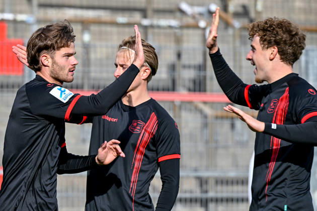 From left: Goal scorer Jeroen Krupa (Unterhaching), 9 Ben Westermeier (Unterhaching), 5, and Dominik Lindermeir (Unterhaching), 18, celebrating the goal, cheering, goal celebration, goal scored, celebrate the goal, goal, celebration, celebrating the 2–1 goal, optimistic, action, October 24, 2026, Unterhaching, Germany, soccer, Bavarian Regional League, SpVgg Unterhaching vs. SpVgg Ansbach xslx