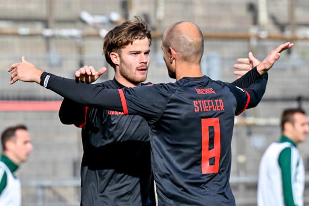 From left: Goal scorer Jeroen Krupa (Unterhaching), 9, and Manuel Stiefler (Unterhaching), 8, celebrating the goal, celebration, goal celebration, goal scored, celebrate the goal, goal, celebration, celebrating the 2–1 goal, optimistic, action, October 24, 2026, Unterhaching, Germany, soccer, Bavarian Regional League, SpVgg Unterhaching vs. SpVgg Ansbach xslx