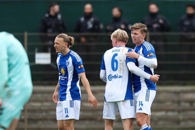 October 24, 2026, Soccer, Men s, Regionalliga Nord, Matchday 15, SV Werder Bremen II vs. BSV Kickers Emden: Luc Ihorst celebrates the 1–2 goal (No. 14), BSV Kickers Emden with Matti Tjaden (No. 11), and Moritz Busch (No. 6) of BSV Kickers Emden