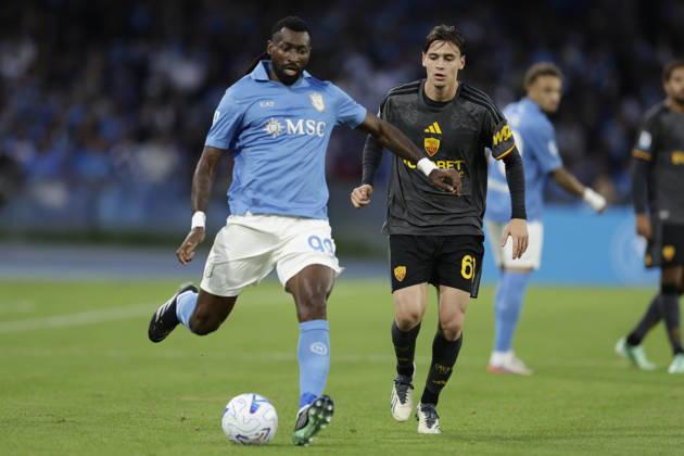 Italy: Serie a football match SSC Napoli vs AS Roma Napoli s Cameroonian midfielder Andre-Frank Zambo Anguissa challenges for the ball with Roma™s Italian midfielder Niccolo Pisilli during the Serie A football match between SSC Napoli and AS Roma at the Diego Armando Maradona Stadium in Naples, October 24, 2026. _BPH5339 Copyright: xAntonioxBalascox