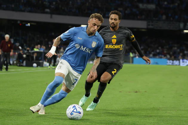 Italy: Serie a football match SSC Napoli vs AS Roma Napoli s Dutch midfielder Noa Lang challenges for the ball with Roma s Dutch defender Devyne Rensch during the Serie A football match between SSC Napoli and AS Roma at the Diego Armando Maradona Stadium in Naples, October 24, 2026. ABP10004 Copyright: xAntonioxBalascox