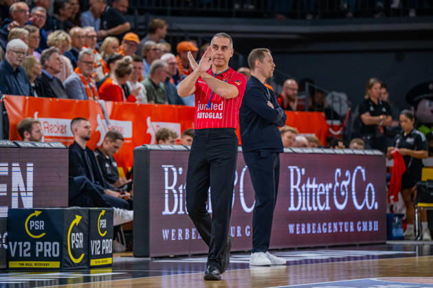 1st Basketball Bundesliga, easyCredit BBL, 2026–2027 Season, Men s Division, Regular Season, Matchday 6, October 24, 2026, RASTA Vechta vs. VET CONCEPT Gladiators Trier The referees during the game at the RASTA Dome in Vechta, Lower Saxony, Germany