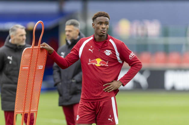 GER, Leipzig, Soccer, RB Leipzig public training session; pictured from left: Abdoul Kone, RB Leipzig 02, October 25, 2026, RB Leipzig Training Academy, Cottaweg, Leipzig; DFL and DFB regulations prohibit any use of photographs as image sequences and or quasi-video, Copyright: HMBxMedia PaulxFritz