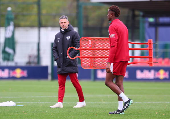 RB Leipzig Training, Bundesliga, Leipzig, October 25, 2026, RBL Academy Training Center, Soccer, Bundesliga, RB Leipzig Training, Pictured from left: Coach Martin Demichelis, RB Leipzig, and Abdoul Kone 2, RB Leipzig, Picture Point