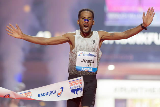 Mainova Frankfurt Marathon 2026: Jirata Denki is the first to cross the finish line at the Festhalle Mainova Frankfurt Marathon on October 25, 2026, in Frankfurt am Main, Frankfurt am Main, Hesse, Germany; Festhalle, race course