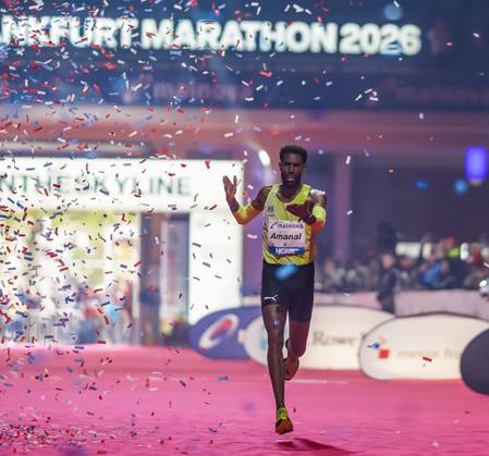 Amanal Petros Finishes Second at the Mainova Frankfurt Marathon 25 10 26 Strong Race at the Festhalle: European Champion Amanal Petros of Hannover 96 finishes second at the Mainova Frankfurt Marathon with a time of 2:05:46. He is thus the first German runner this millenniumto stand on the podium at the classic Frankfurt Marathon Frankfurt Festhalle Hesse Germany JRW01917