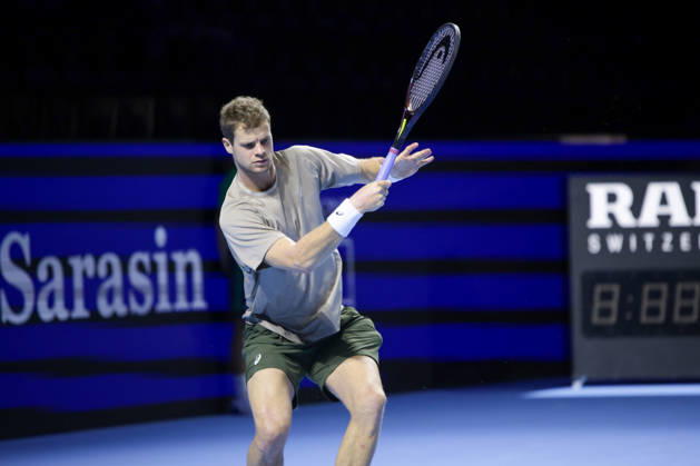 RECORD DATE NOT STATED 25th October 2026; St. Jakobshalle, Basel, Switzerland; ATP, Tennis Herren Tennis, Swiss Indoors Basel, Day 2; Qualifying final; Yannick Hanfmann of Germany plays a forehand AnthonyxBenoit