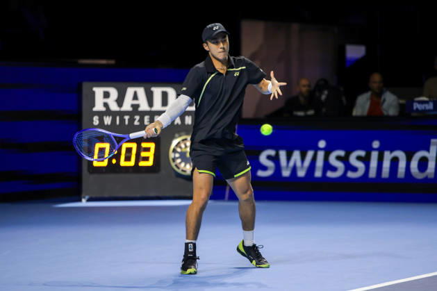 RECORD DATE NOT STATED 25th October 2026; St. Jakobshalle, Basel, Switzerland; ATP, Tennis Herren Tennis, Swiss Indoors Basel, Day 2; Qualifying final; Rinky Hijikata of Australia plays a forehand AnthonyxBenoit