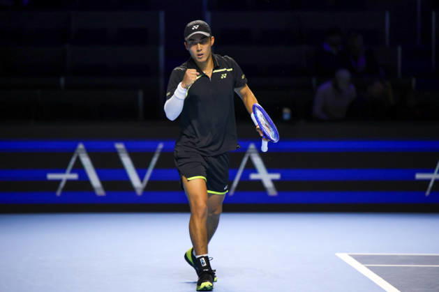 RECORD DATE NOT STATED 25th October 2026; St. Jakobshalle, Basel, Switzerland; ATP, Tennis Herren Tennis, Swiss Indoors Basel, Day 2; Qualifying final; Rinky Hijikata of Australia clenches his fist and celebrates winning a point AnthonyxBenoit