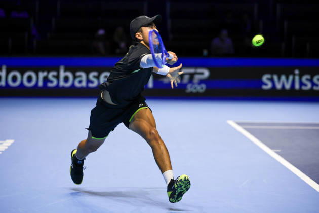RECORD DATE NOT STATED 25th October 2026; St. Jakobshalle, Basel, Switzerland; ATP, Tennis Herren Tennis, Swiss Indoors Basel, Day 2; Qualifying final; Rinky Hijikata of Australia plays a forehand AnthonyxBenoit
