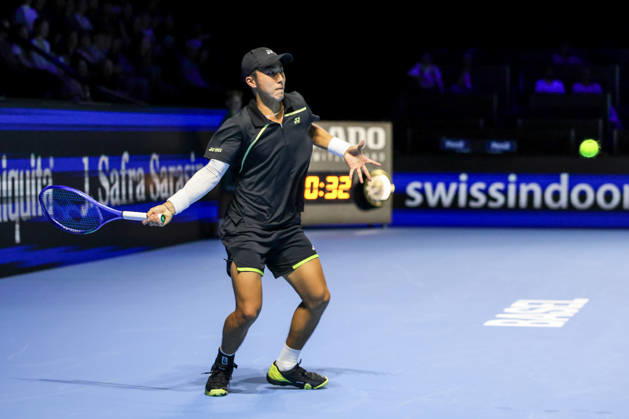 RECORD DATE NOT STATED 25th October 2026; St. Jakobshalle, Basel, Switzerland; ATP, Tennis Herren Tennis, Swiss Indoors Basel, Day 2; Qualifying final; Rinky Hijikata of Australia plays a forehand AnthonyxBenoit