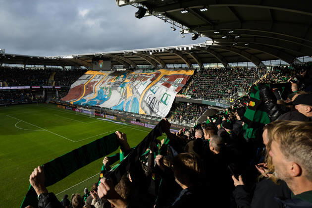 Soccer, Allsvenskan, GAIS vs. IFK Göteborg, October 25, 2026: GAIS fans displaying a tifo before the Allsvenskan soccer match between GAIS and IFK Göteborg on October 25, 2026, in Gothenburg  Copyright: MICHAELxERICHSEN BB261025MI012