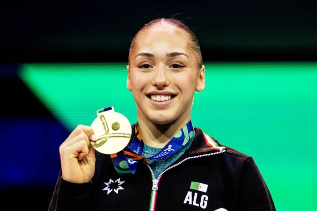 ROTTERDAM - Winner Kaylia Nemour (ALG) with the gold medal during the awards ceremony for the balance beam apparatus final at the World Gymnastics Championships in Rotterdam Ahoy. IRIS VAN DEN BROEK ANP xVIxANPxSportx xxANPxIVx 573611756 originalFilename: 573611756.jpg