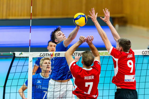 October 25, 2026, GER, Volleyball, Men, Season 26–27, ZOI DVV Cup, Qualifying Round, Blue Volleys Gotha vs. TuS Kriftel, Ben Bierwisch (Blue Volleys Gotha), 13; Jannik Weber (TuS Kriftel); Hendrik Jung (TuS Kriftel), 99867 Gotha, Ernesti Sports Complex, Thuringia, Germany