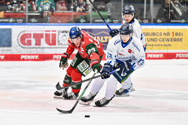 Penny DEL: Augsburger Panther vs. Straubing Tigers, October 25, 2026, AUGSBURG, GERMANY, OCTOBER 25: Jimmy LAMBERT of the Augsburger Panther (23) and Mario ZIMMERMANN of the Straubing Tigers (13) face off during the Penny DEL match between the Augsburger Panther and the Straubing Tigers on Matchday 12 at Curt Frenzel Stadium Copyright: xBEAUTIFULxSPORTS Goldbergx