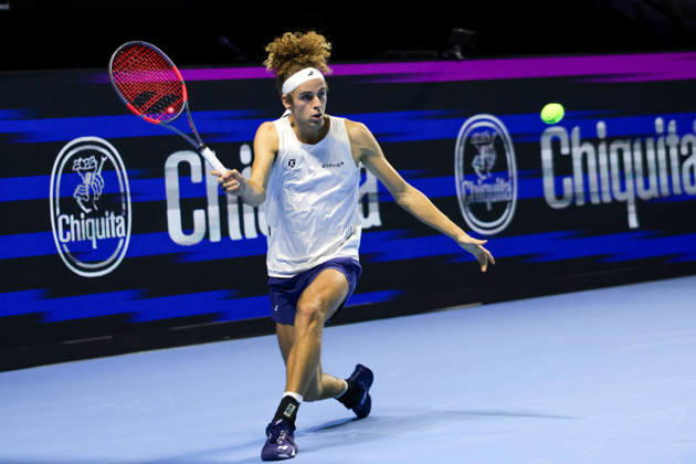 RECORD DATE NOT STATED 25th October 2026; St. Jakobshalle, Basel, Switzerland; ATP, Tennis Herren Tennis, Swiss Indoors Basel, Day 2; Qualifying final; Qualifying final; Mika Brunold of Switzerland plays a forehand AnthonyxBenoit