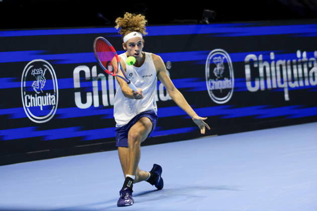 RECORD DATE NOT STATED 25th October 2026; St. Jakobshalle, Basel, Switzerland; ATP, Tennis Herren Tennis, Swiss Indoors Basel, Day 2; Qualifying final; Qualifying final; Mika Brunold of Switzerland plays a forehand AnthonyxBenoit