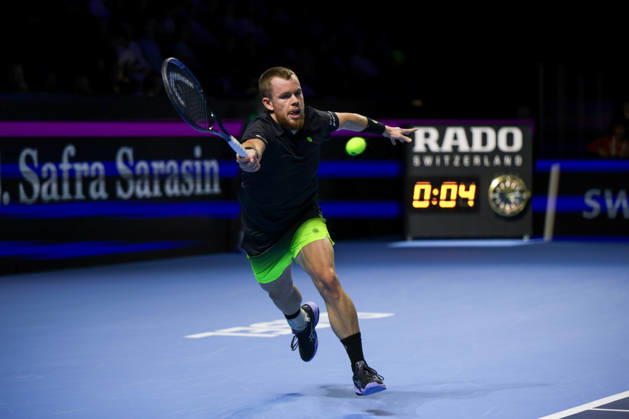 RECORD DATE NOT STATED 25th October 2026; St. Jakobshalle, Basel, Switzerland; ATP, Tennis Herren Tennis, Swiss Indoors Basel, Day 2; Qualifying final; Qualifying final; Remy Bertola of Switzerland plays a forehand AnthonyxBenoit