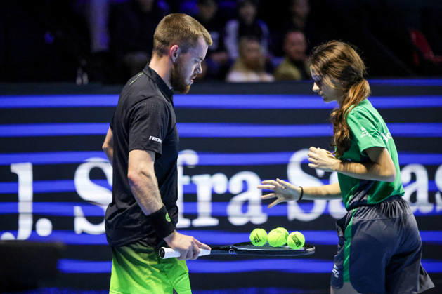 RECORD DATE NOT STATED 25th October 2026; St. Jakobshalle, Basel, Switzerland; ATP, Tennis Herren Tennis, Swiss Indoors Basel, Day 2; Qualifying final; Qualifying final; Remy Bertola of Switzerland receives balls from a ball kid AnthonyxBenoit