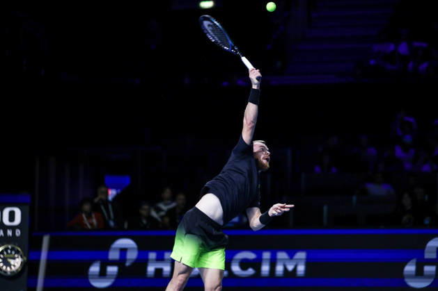 RECORD DATE NOT STATED 25th October 2026; St. Jakobshalle, Basel, Switzerland; ATP, Tennis Herren Tennis, Swiss Indoors Basel, Day 2; Qualifying final; Qualifying final; Remy Bertola of Switzerland serves AnthonyxBenoit