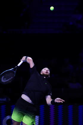 RECORD DATE NOT STATED 25th October 2026; St. Jakobshalle, Basel, Switzerland; ATP, Tennis Herren Tennis, Swiss Indoors Basel, Day 2; Qualifying final; Qualifying final; Remy Bertola of Switzerland serves AnthonyxBenoit