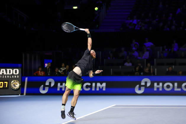 RECORD DATE NOT STATED 25th October 2026; St. Jakobshalle, Basel, Switzerland; ATP, Tennis Herren Tennis, Swiss Indoors Basel, Day 2; Qualifying final; Qualifying final; Remy Bertola of Switzerland serves AnthonyxBenoit
