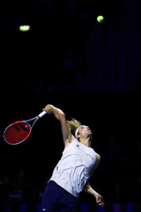 RECORD DATE NOT STATED 25th October 2026; St. Jakobshalle, Basel, Switzerland; ATP, Tennis Herren Tennis, Swiss Indoors Basel, Day 2; Qualifying final; Qualifying final; Mika Brunold of Switzerland serves AnthonyxBenoit
