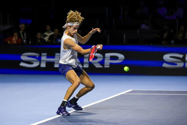 RECORD DATE NOT STATED 25th October 2026; St. Jakobshalle, Basel, Switzerland; ATP, Tennis Herren Tennis, Swiss Indoors Basel, Day 2; Qualifying final; Qualifying final; Mika Brunold of Switzerland plays a forehand AnthonyxBenoit
