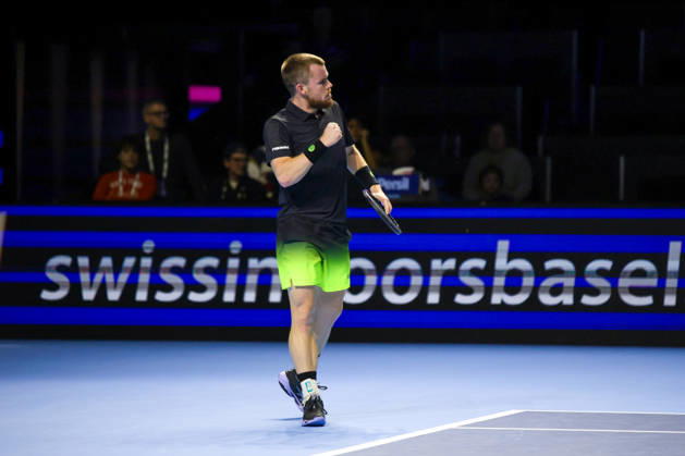 RECORD DATE NOT STATED 25th October 2026; St. Jakobshalle, Basel, Switzerland; ATP, Tennis Herren Tennis, Swiss Indoors Basel, Day 2; Qualifying final; Qualifying final; Remy Bertola of Switzerland clenches his fist and celebrates winning a point AnthonyxBenoit