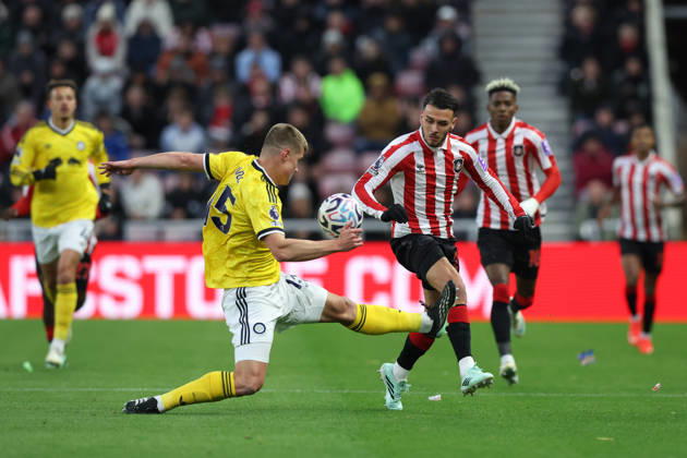 Sunderland, England, 25th October 2026. Enzo Le Fee (R) of Sunderland in action with Jaka Bijol of Leeds United during the Sunderland vs Leeds United Premier League match at the Stadium of Light, Sunderland. Picture credit should read: Nigel Roddis Sportimage EDITORIAL USE ONLY. No use with unauthorised audio, video, data, fixture lists, club league logos or live services. Online in-match use limited to 120 images, no video emulation. No use in betting, games or single club league player publications. SPI_004_NR_SUND_LEED SPI-5102-0018