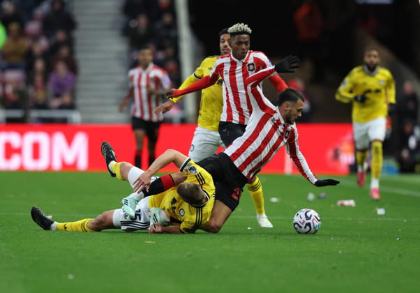 Sunderland, England, 25th October 2026. Enzo Le Fee (R) of Sunderland in action with Jaka Bijol of Leeds United during the Sunderland vs Leeds United Premier League match at the Stadium of Light, Sunderland. Picture credit should read: Nigel Roddis Sportimage EDITORIAL USE ONLY. No use with unauthorised audio, video, data, fixture lists, club league logos or live services. Online in-match use limited to 120 images, no video emulation. No use in betting, games or single club league player publications. SPI_017_NR_SUND_LEED SPI-5102-0016