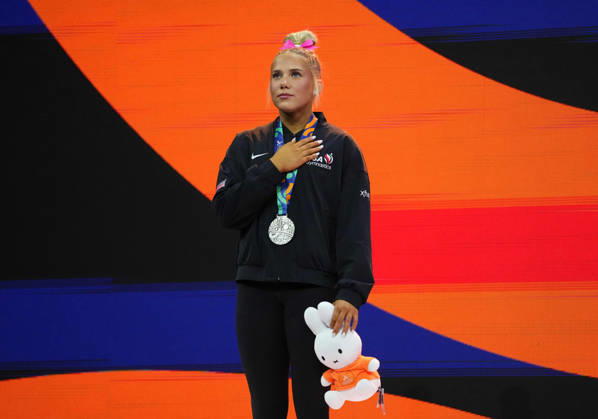 Reese Esponda of the U.S. wins silver in the floor exercise during the Artistic Gymnastics competition on Day 9 of the World Championships at Ahoy in Rotterdam, Netherlands, on October 25, 2026. DeFodi Images