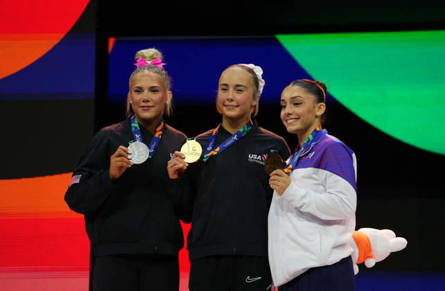 Claire Pease (USA) and Reese Esponda (USA) during the artistic gymnastics competition on Day 9 of the World Championships at Ahoy in Rotterdam, Netherlands, on October 25, 2026. DeFodi Images