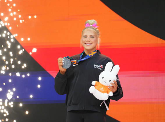 Reese Esponda of the U.S. wins silver in the floor exercise during the Artistic Gymnastics competition on Day 9 of the World Championships at Ahoy in Rotterdam, Netherlands, on October 25, 2026. DeFodi Images