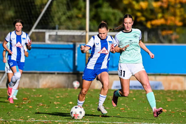 October 25, 2026, Soccer, Women s Bundesliga 2, 2026–2027, Matchday 10, Hertha BSC Berlin vs. SG 99 Andernach: Henrike Sahlmann (Hertha BSC) and Ina Keller (Andernach) face off