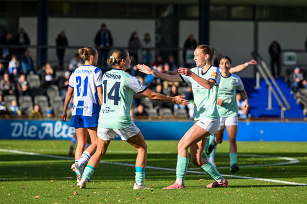 October 25, 2026, Soccer, Women s Bundesliga 2, 2026–2027, Matchday 10, Hertha BSC Berlin vs. SG 99 Andernach: Celebrations for goal scorer Ina Keller (Andernach) and assist provider Mia Trombin (Andernach) after the opening goal